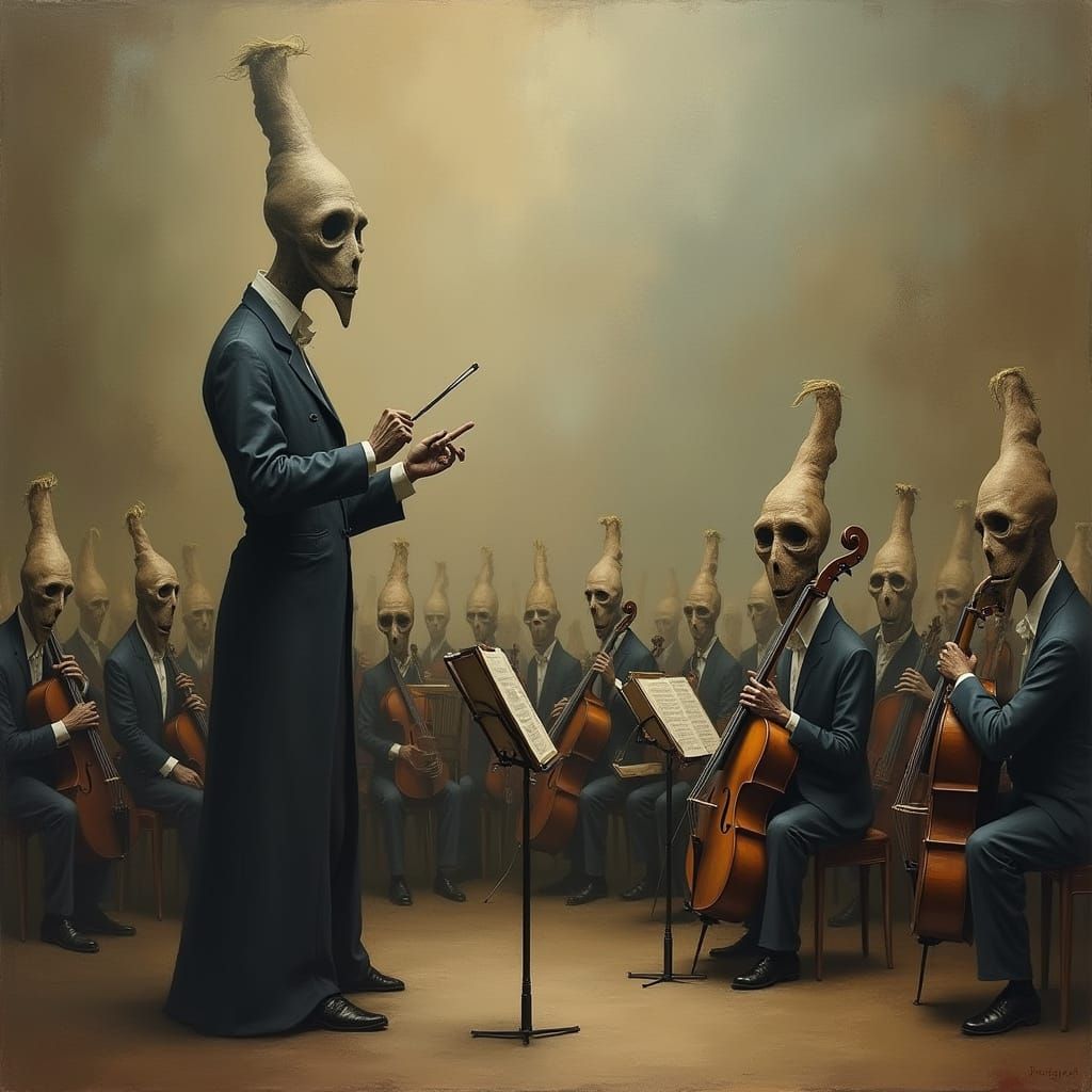 Surreal Conductor Leads Whimsical Orchestra in Dreamlike Hal...