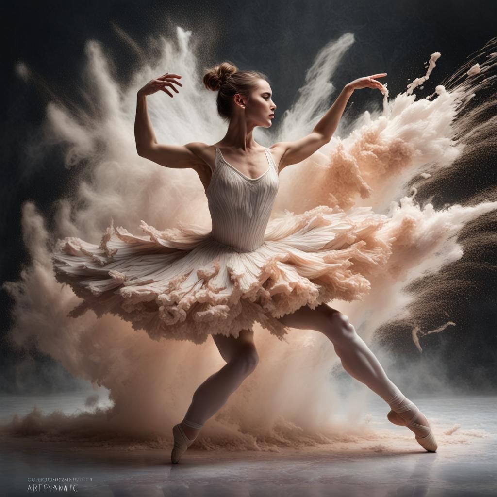 Ballerinas' Energetic Flour Dance: Hyperrealistic Art