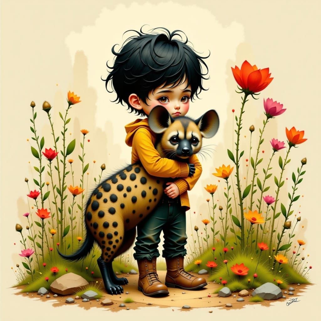 Boy Cradles Hyena in Watercolor Style with Lush Greenery