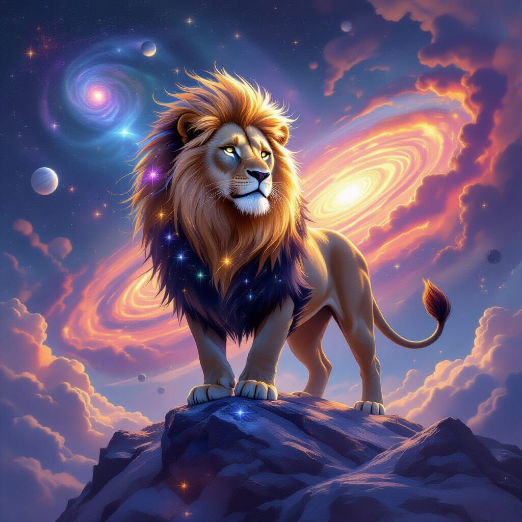 Cosmic Lion on Crystalline Asteroid with Galactic Background