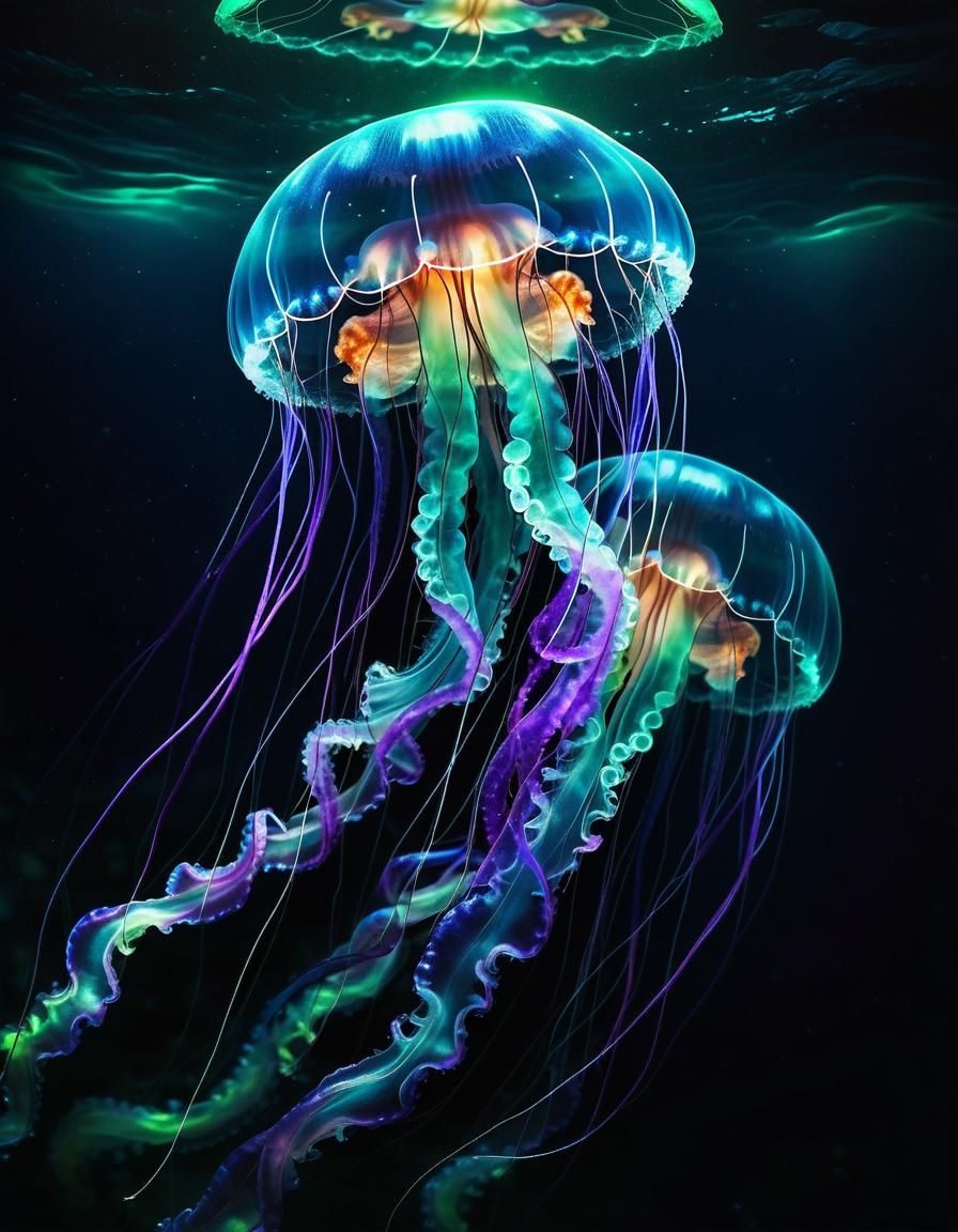 Bioluminescent Jellyfish Concept Art in Deep Ocean