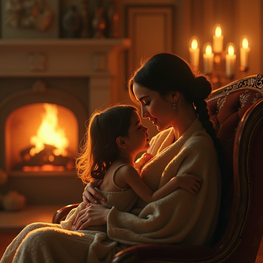 Cozy Fireplace Scene: Mother and Child in Art Nouveau Style