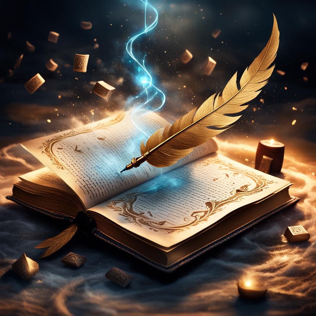 Mystical Book with Runes and Quill in Pixar Style