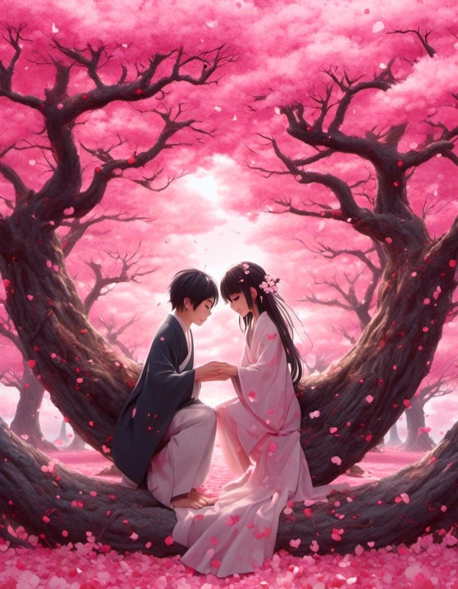 Anime Couple Under Cherry Blossom Heart Trees
