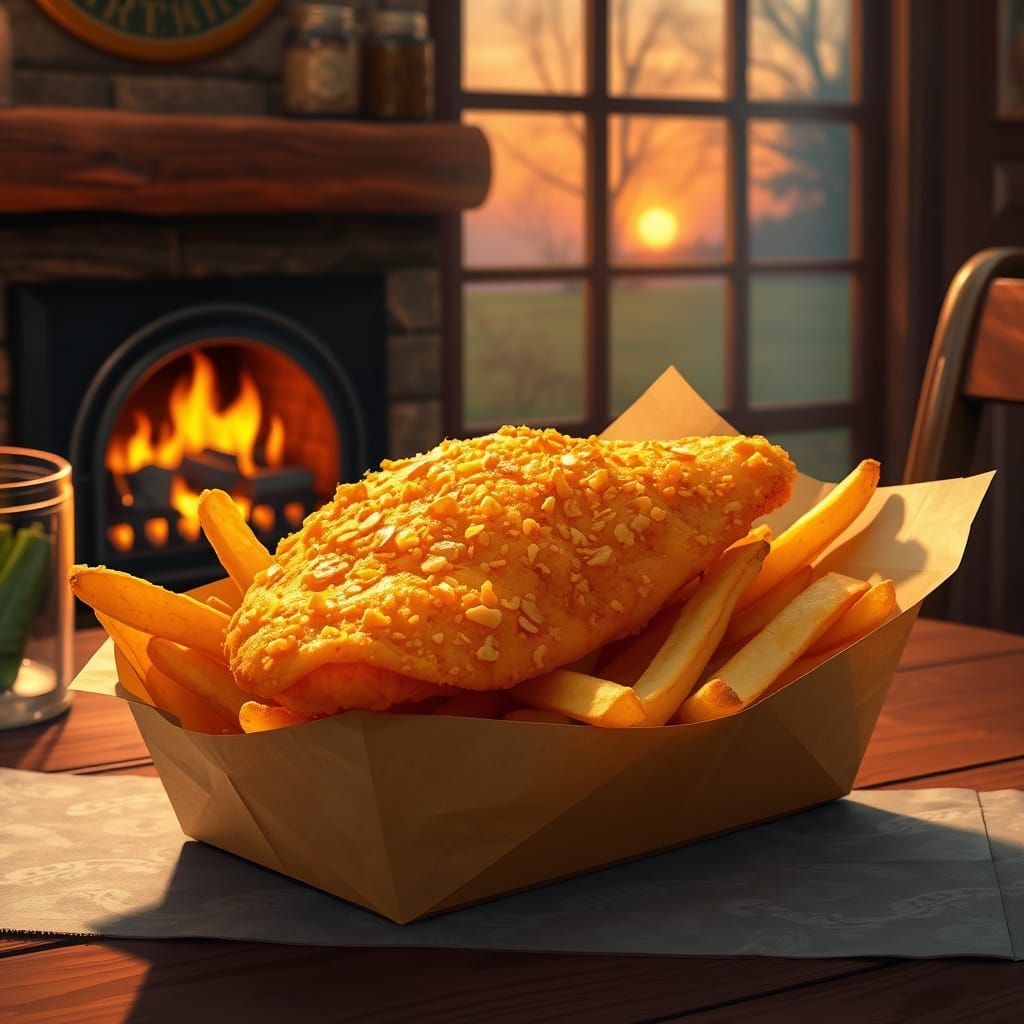 Whimsical Fish and Chips Dinner Scene in Cozy Winter Setting