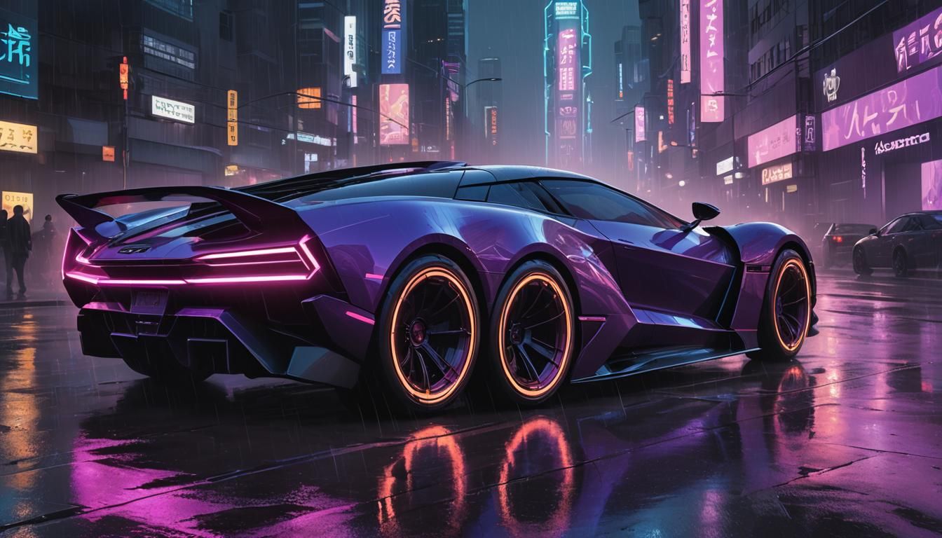 Neon Supercar Concept Art in Cyberpunk Cityscape