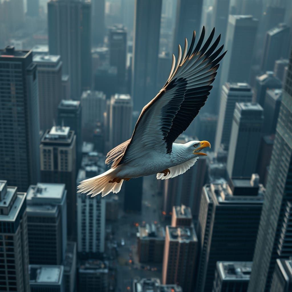 Majestic Eagle Soars Through City Skyscrapers in Hyperrealis...