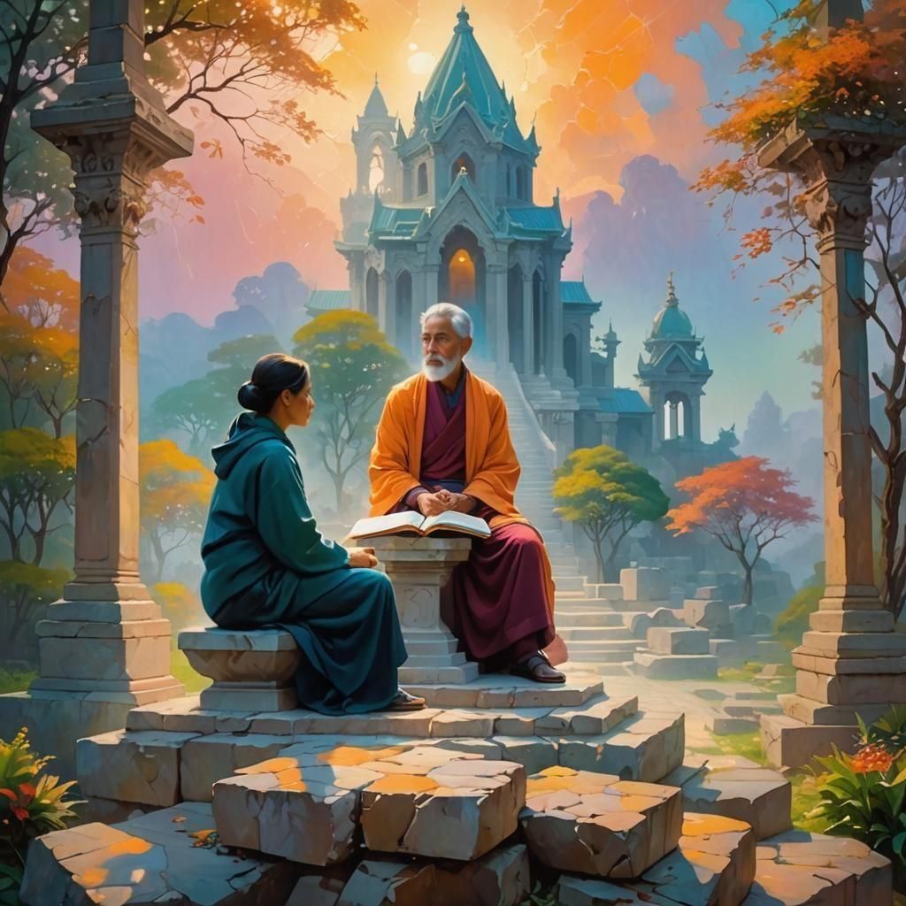 Neon Cubist Portrait of Serene Teacher in Orphism Style