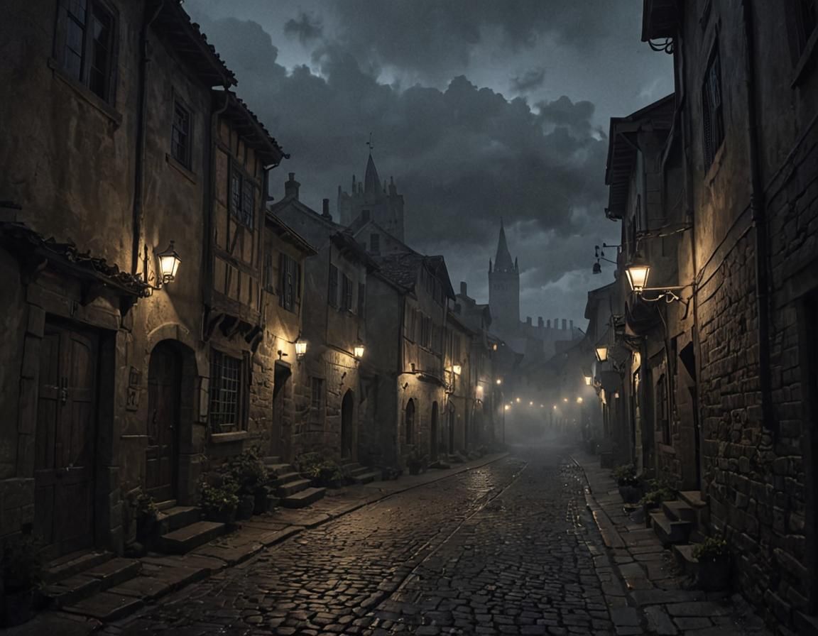 Mystical Medieval Street at Night: Atmospheric Concept Art