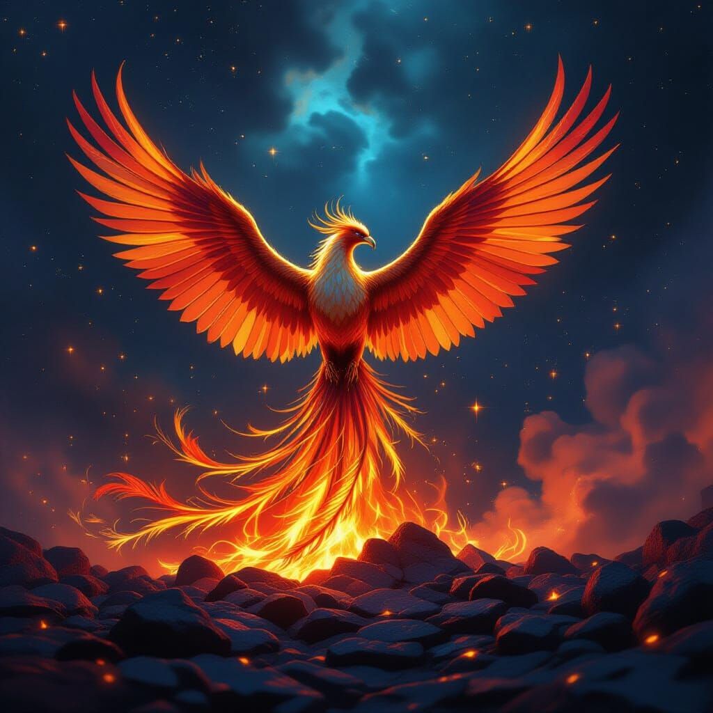 Majestic Phoenix Rises from Embers in Cosmic Nebula
