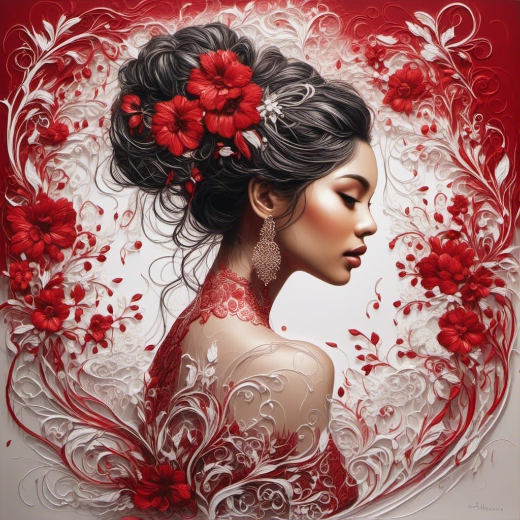 Woman in Red Dress: String Art Oil Painting