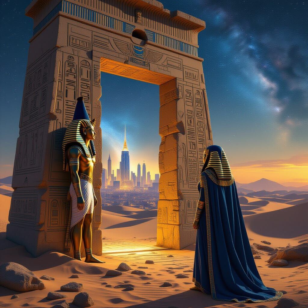 Pharaoh Gazing at Future City Time Portal