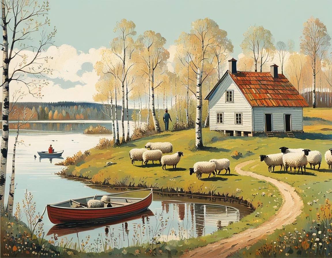 Serene Swedish Farm Scene with Birch Trees and Lake