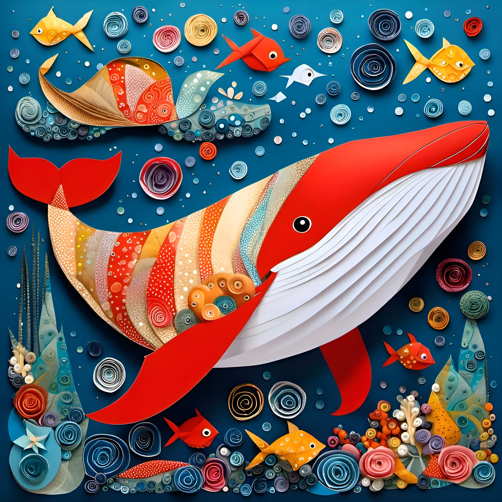 Happy Origami Whale in Art Brut Style