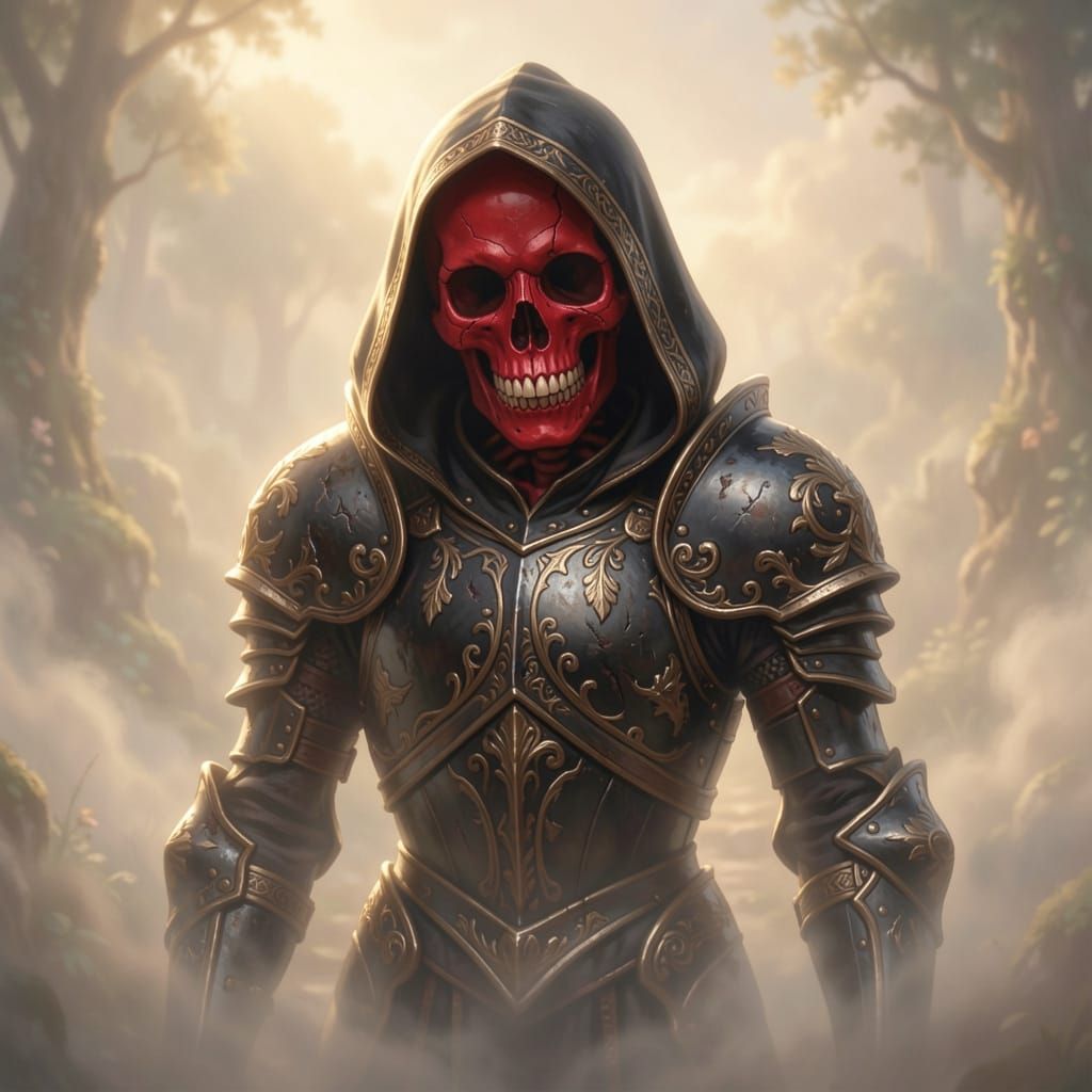 Red Skeleton Knight in Ornate Black Armor with Hood