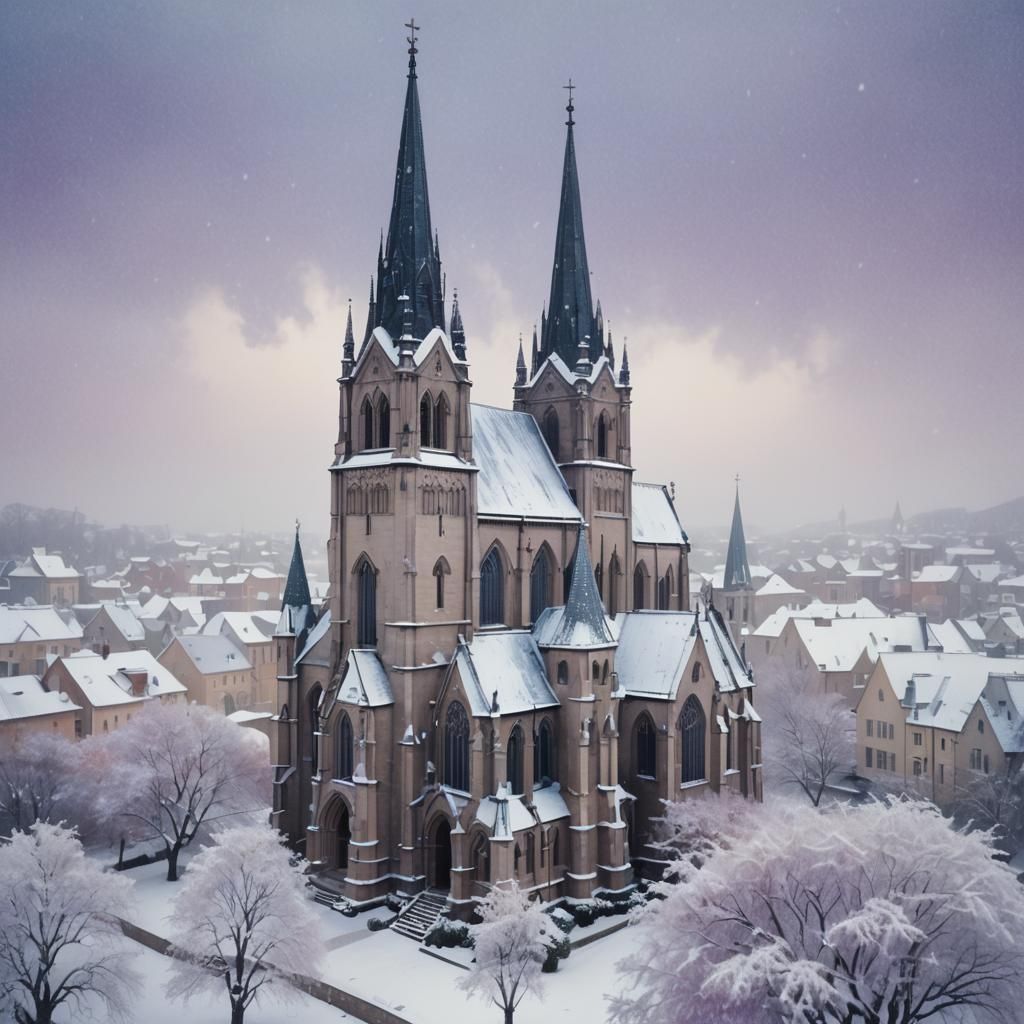 Snowy Gothic Churchscape in Watercolor Style