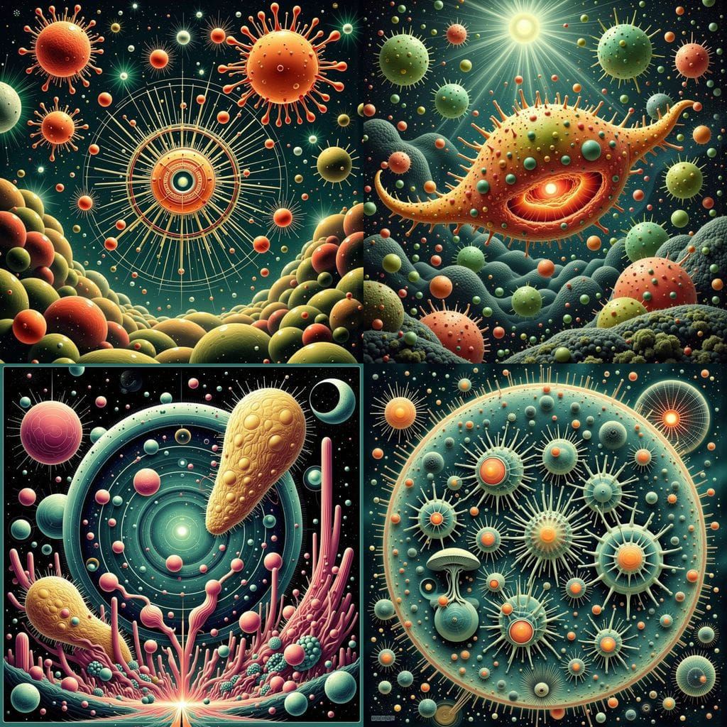 Surreal Amoeba Battle in Retro Sci-Fi Style
