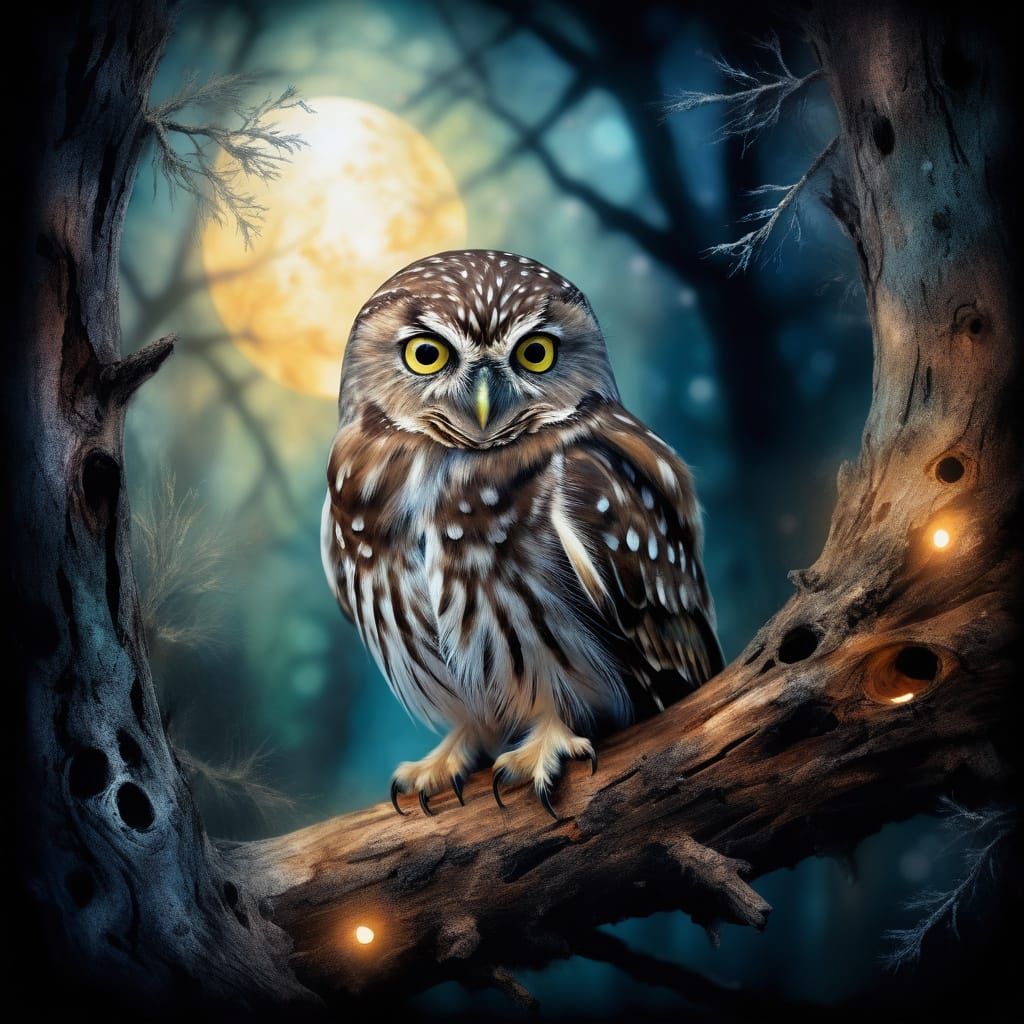Little Owl in Hollow Tree as Impressionist Painting
