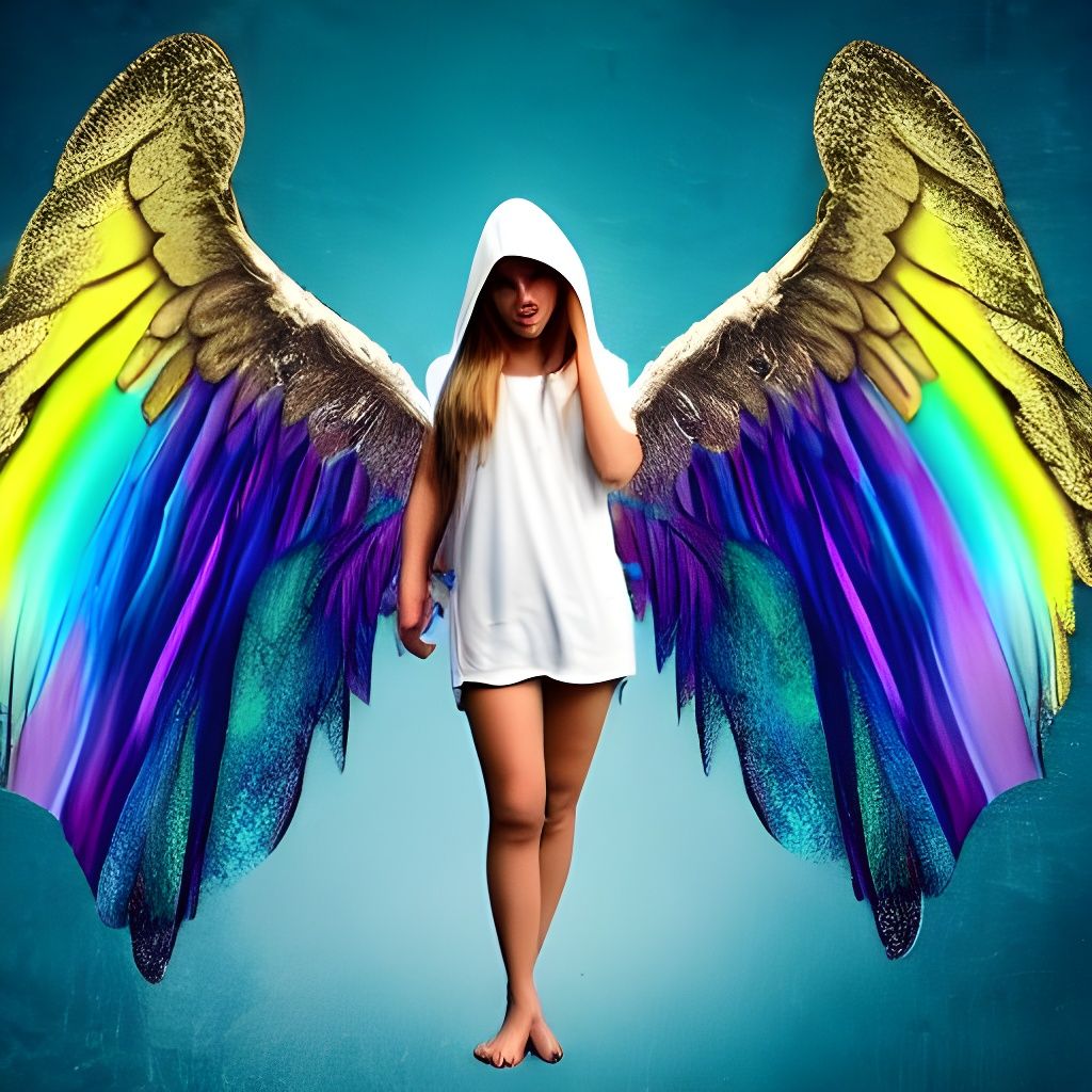 Rainbow-Winged Hooded Angel in Visceral Style