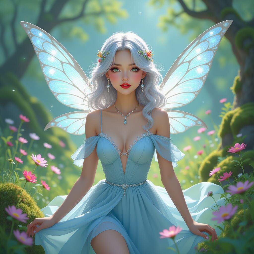 Bioluminescent Fairy Hovering Over Wildflowers