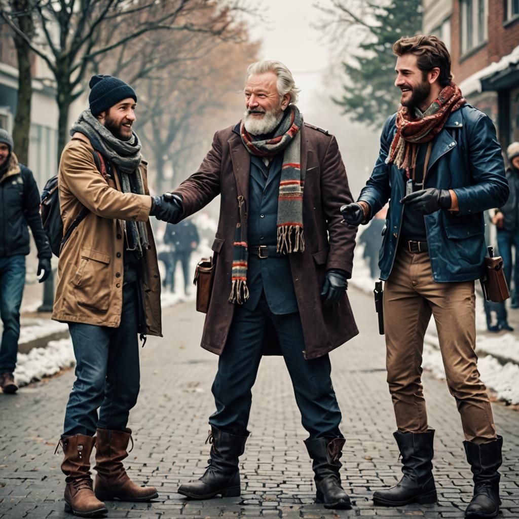 Two Bearded Men High-Fiving with a Gun