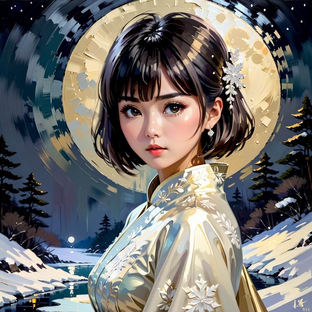 Latino Woman in Moonlit Oil Painting with Knife Strokes