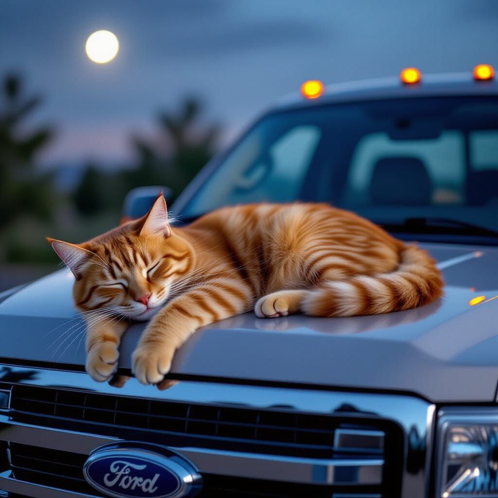 Orange Tabby Cat Sleeps on Ford F-150 at Night