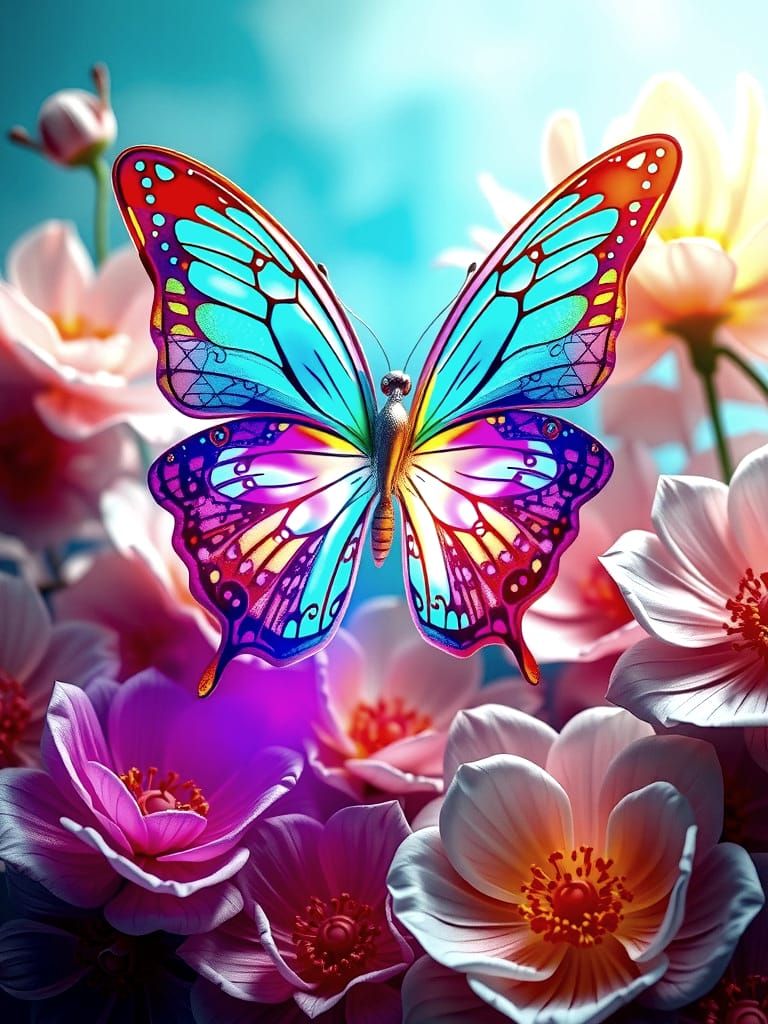 Futuristic Butterfly in Flowers: Watercolor Art