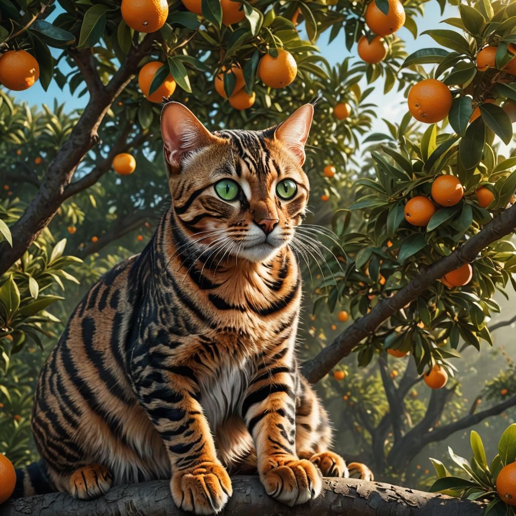 Bengal Cat in Orange Tree: Hyperrealistic Digital Art