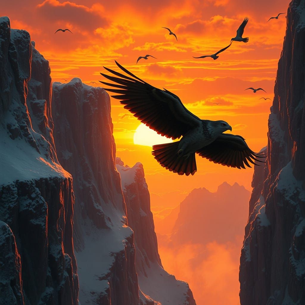 Majestic Winter Cliffs at Sunset, with Silhouetted Raptors i...