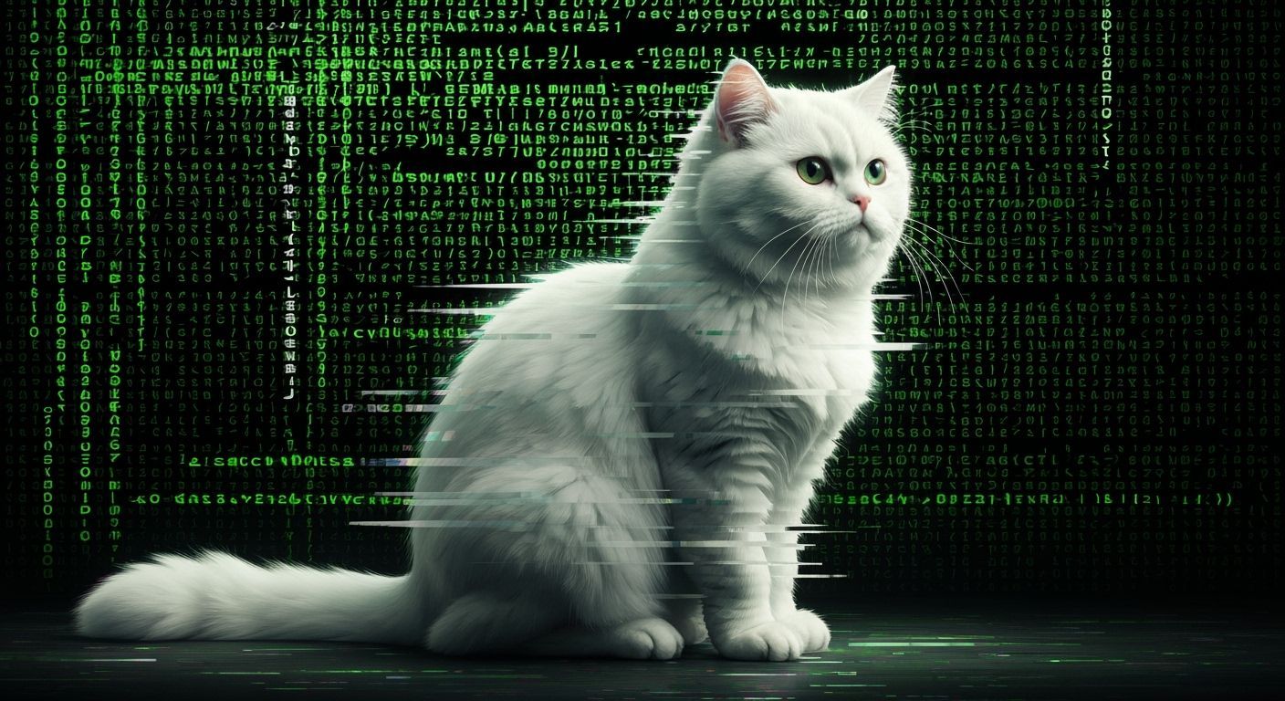 Glitch Art: White Cat in Matrix Code Fantasy