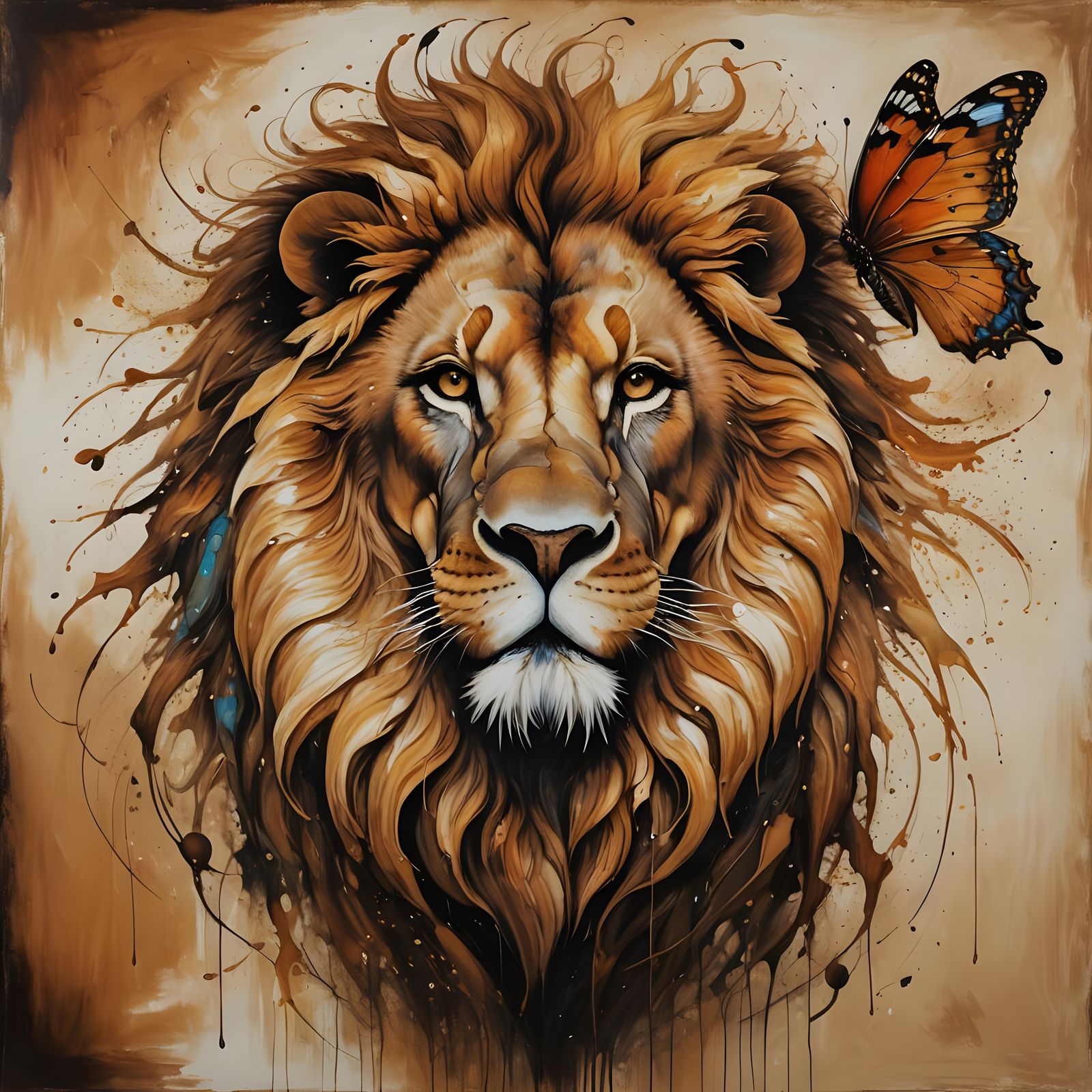 A lion emerging from a butterfly cocoon