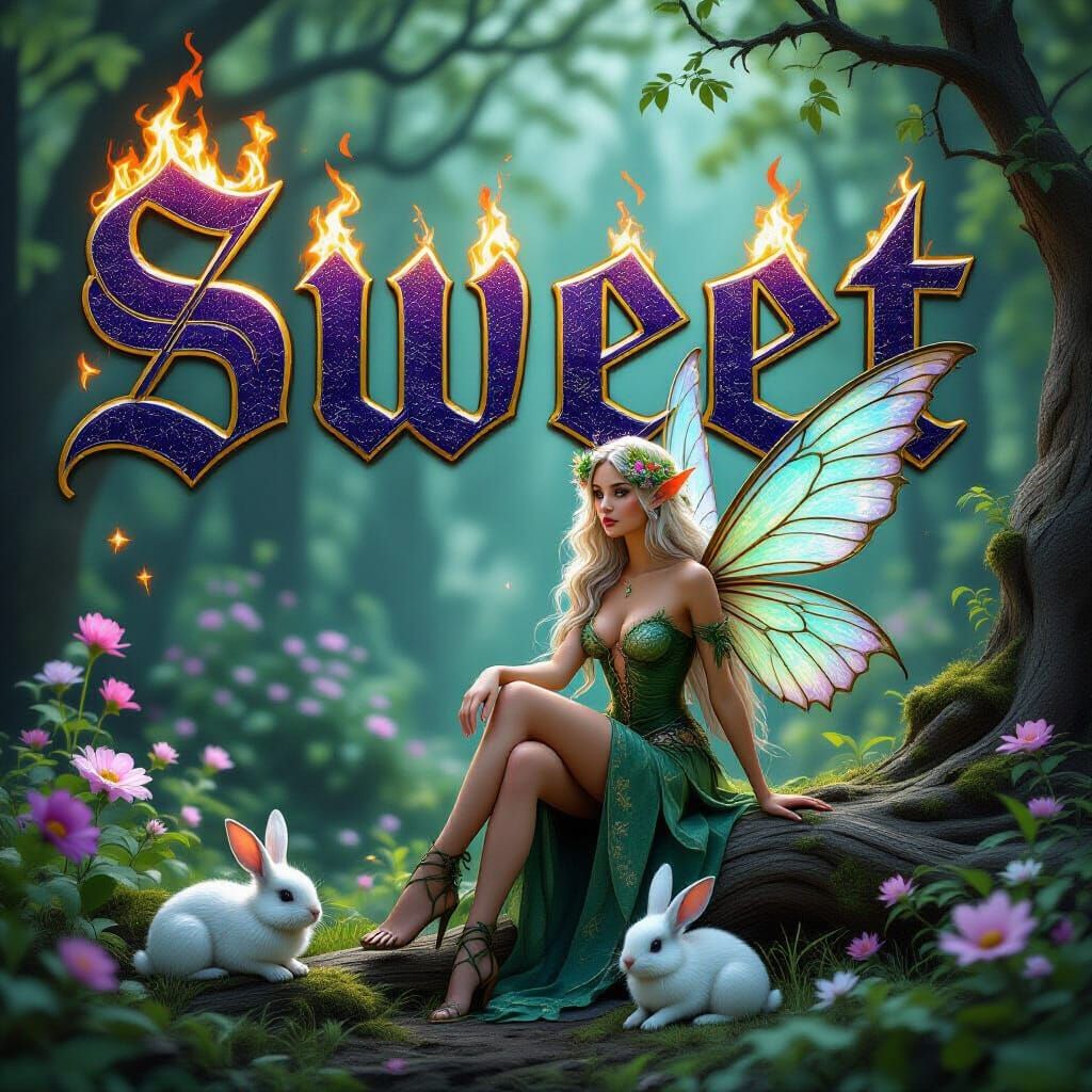 "Sweet" in a 3D bold gothic fantasy medieval font, rendered in PURPLE metallic paint with metal flakes, outlined in bras...