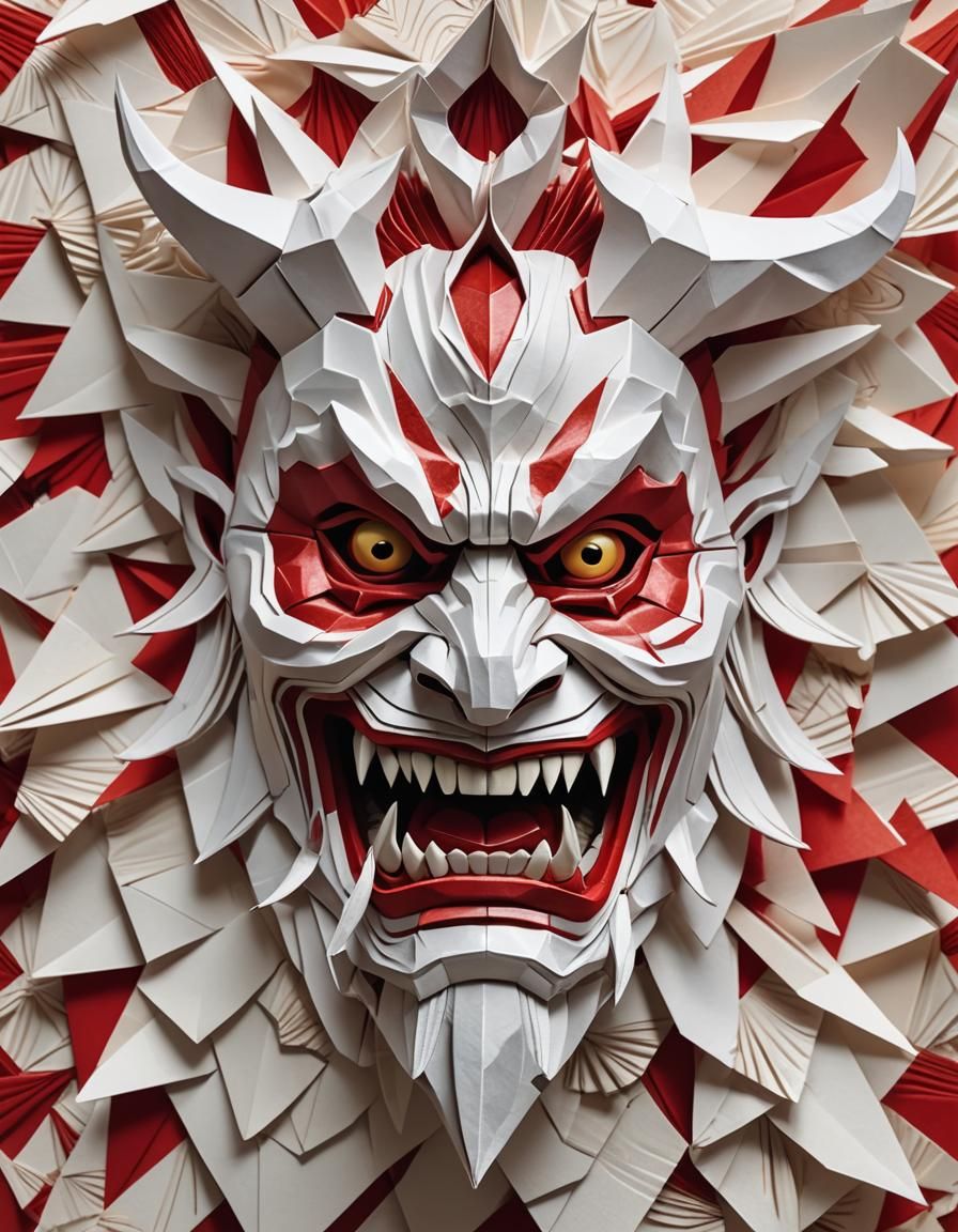 Intricate Origami: Japanese Oni Mask Close-Up