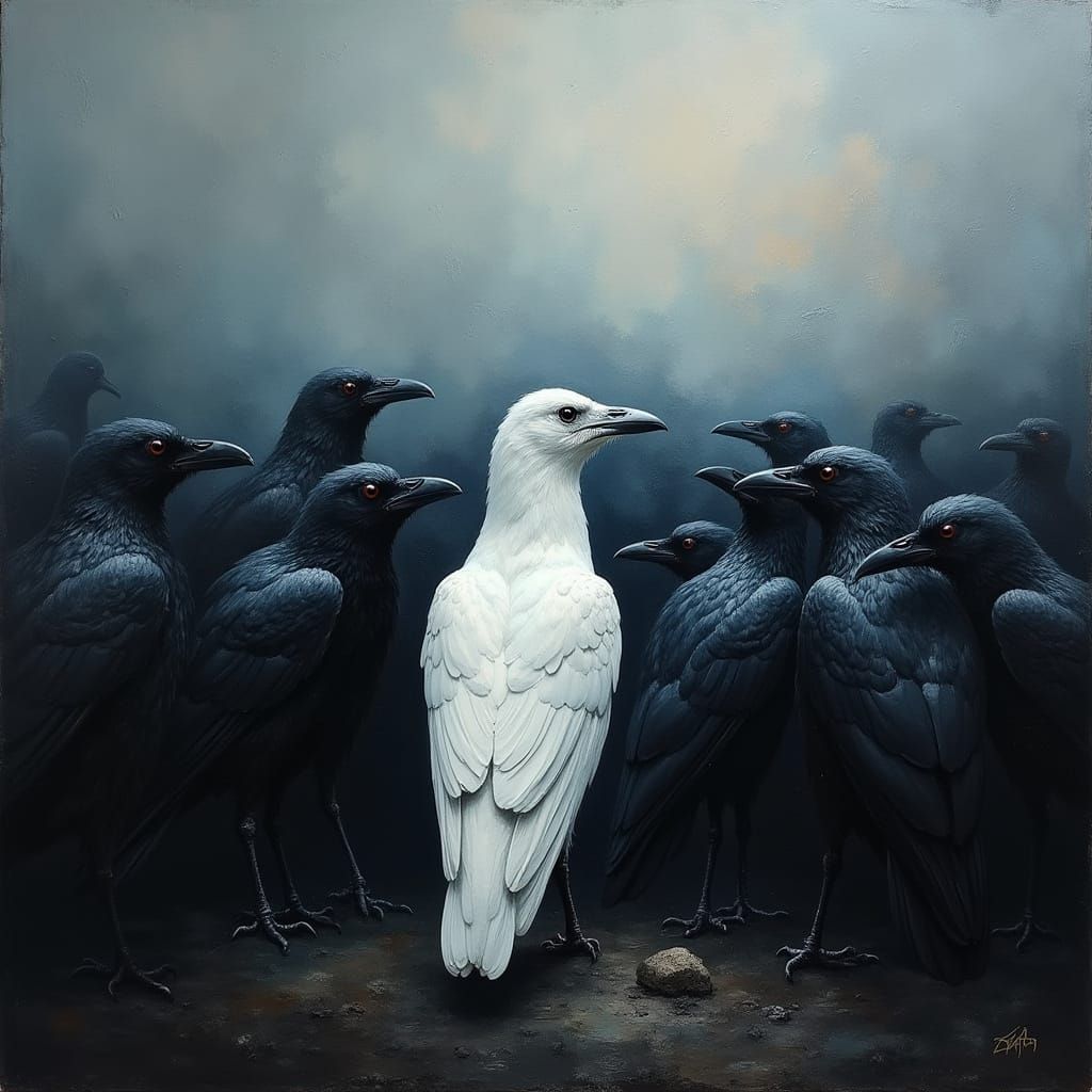 White Crow Amidst Dark Flock in Moody Impasto Oil Painting