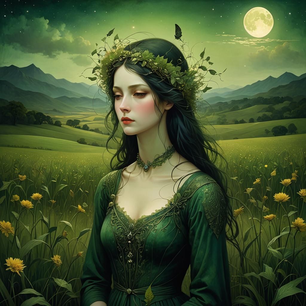 Viridescent Melancholy: Lonely Wanderer in Green Fields