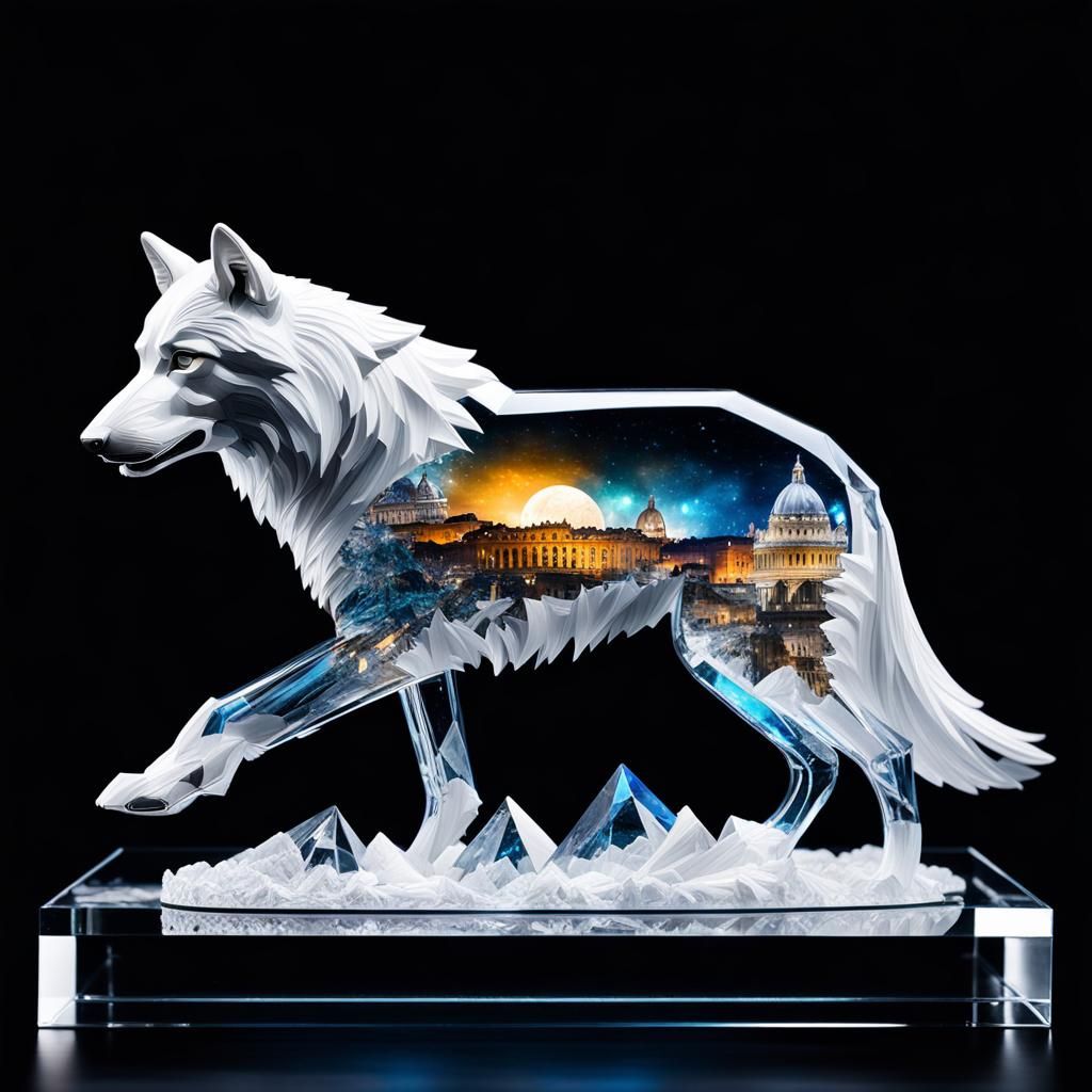 Crystal White Wolf Figurine in Night Rome Panorama