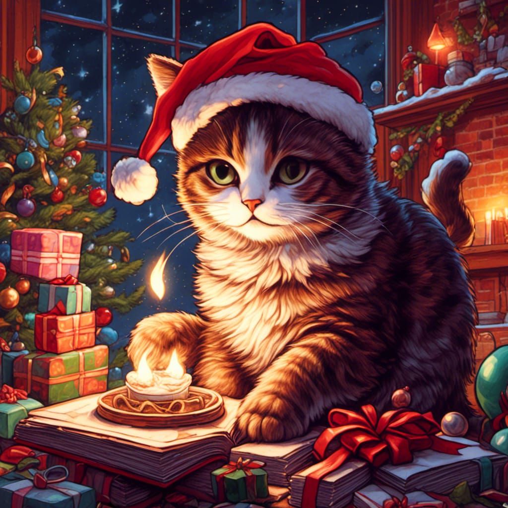 Festive Christmas Cat in Comic Book Art