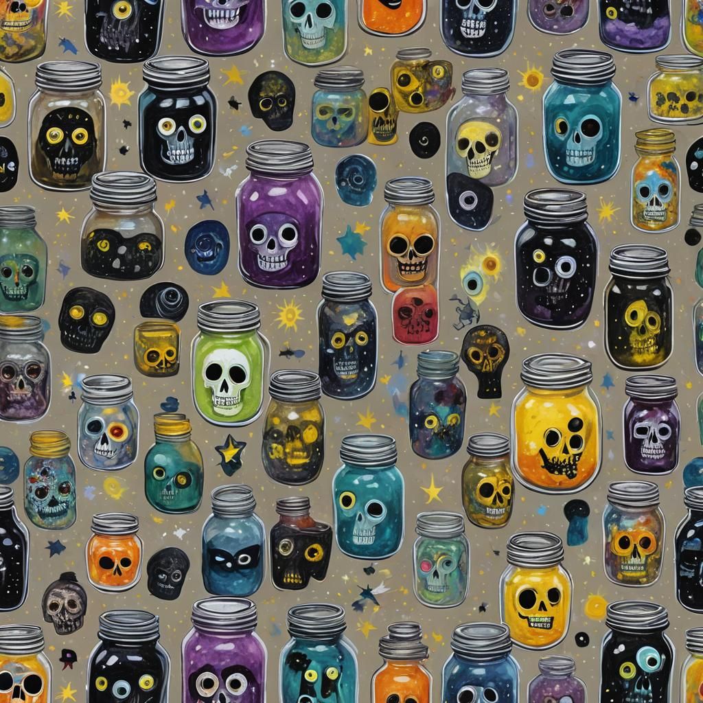 gothic creature  with googley  eyes  and sugar skull face paint googly eyes   in jars ,photogram of collection of random...