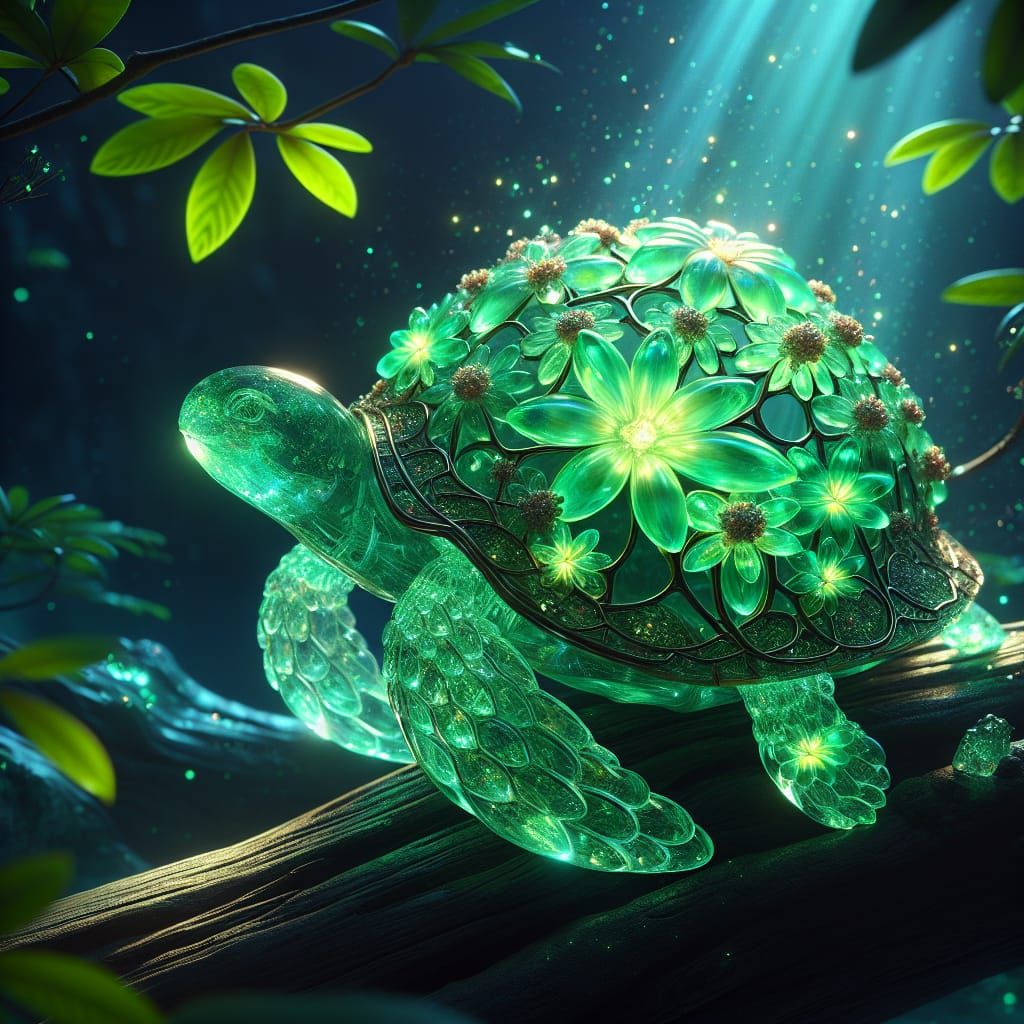 Bioluminescent Jade Turtle Sculpture in Night Forest