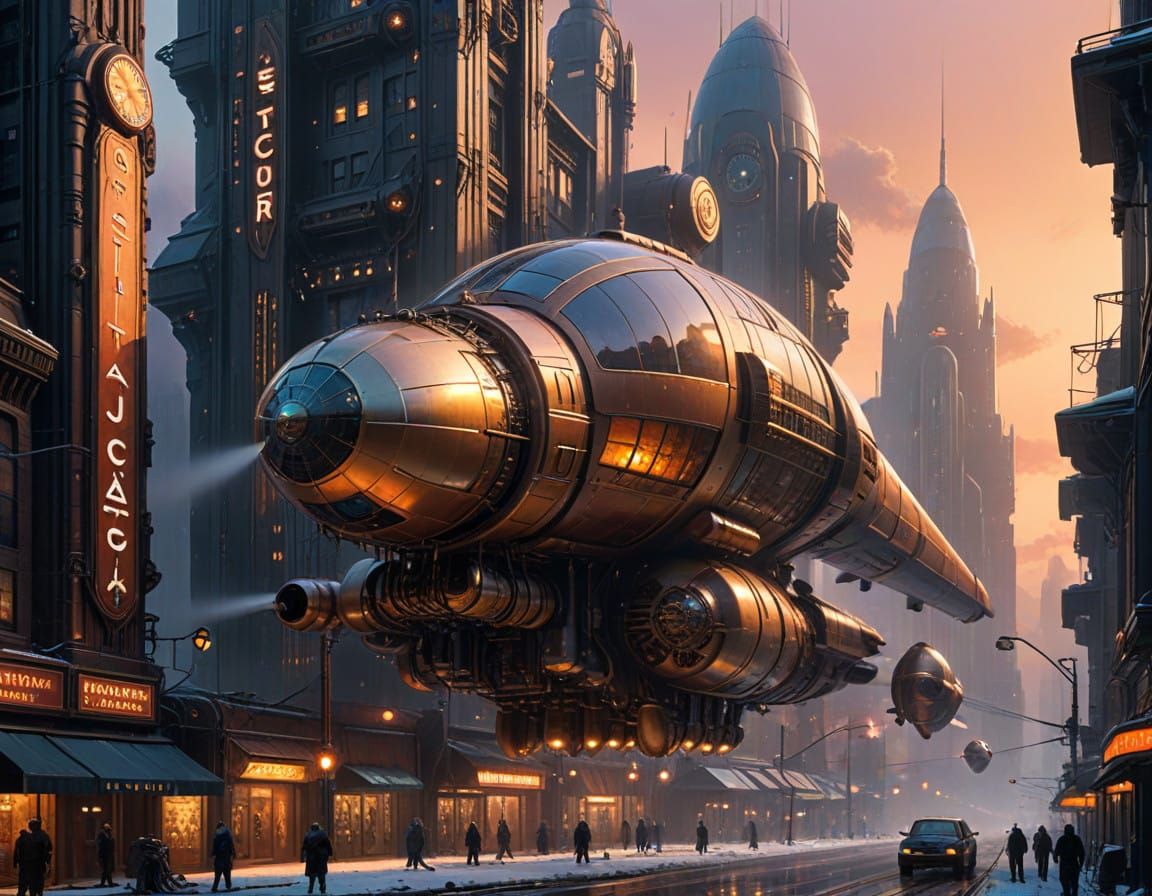 Vintage Futuristic Metropolis at Dawn in Snowy, Art Deco Spl...