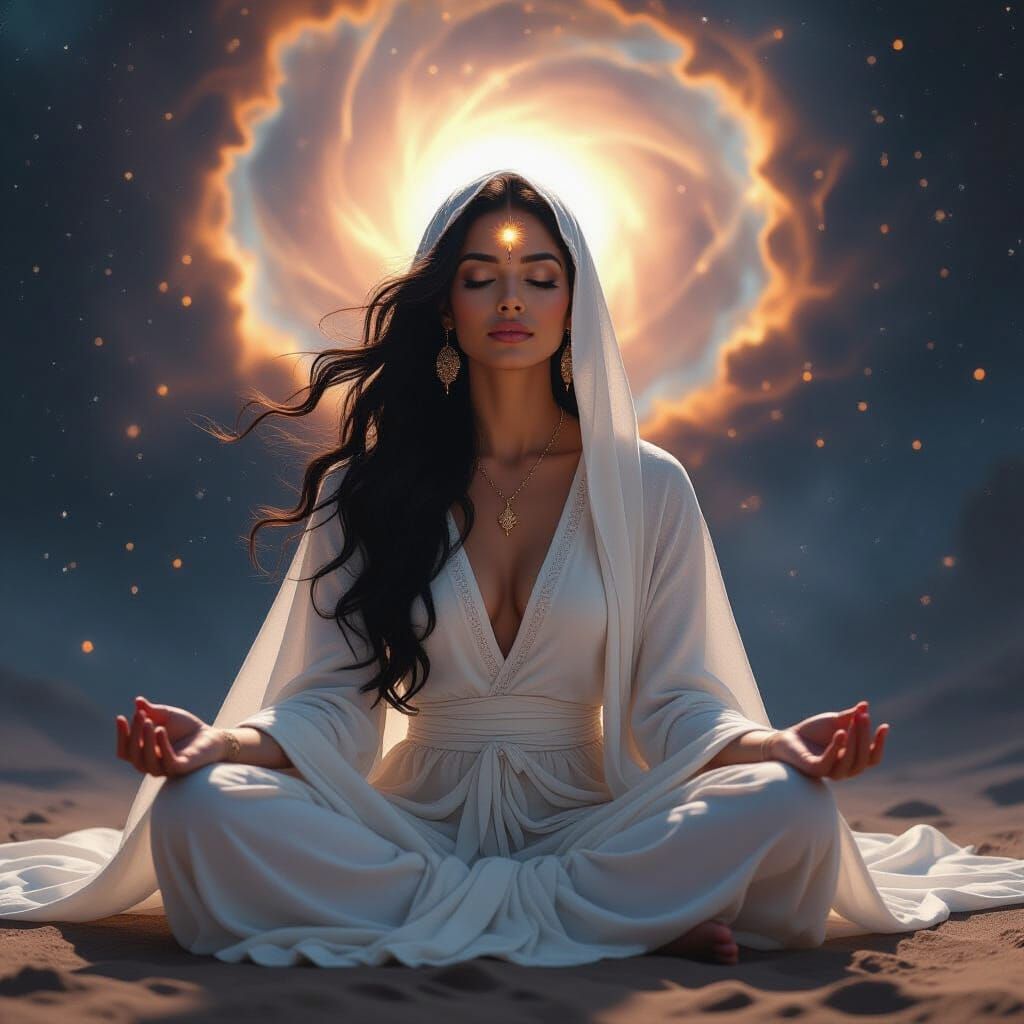 Meditating Woman Ascending in Cosmic Space
