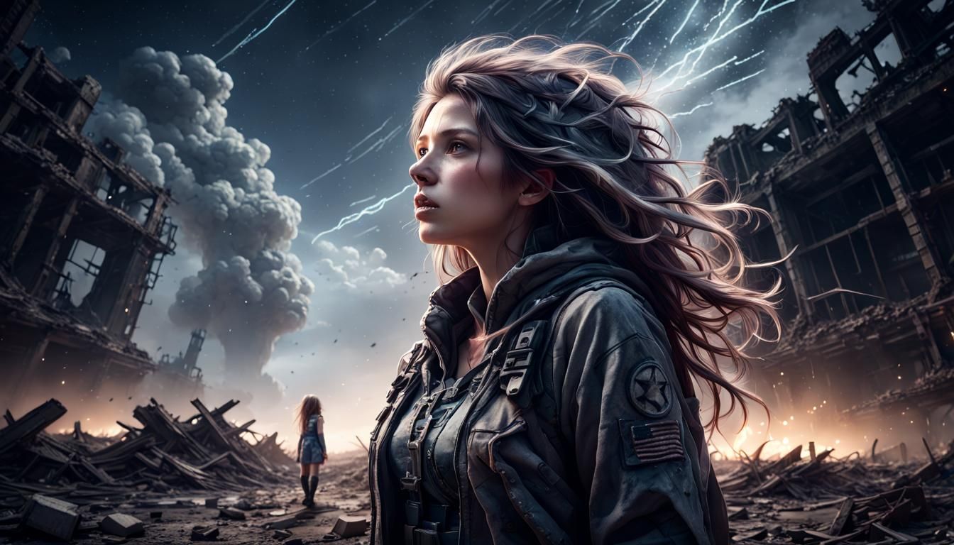 Hopeful Gaze in Blasted Wasteland Under Starry Sky