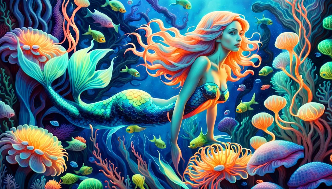 Mermaid in Bioluminescent Underwater Garden, Neon Oil Painti...