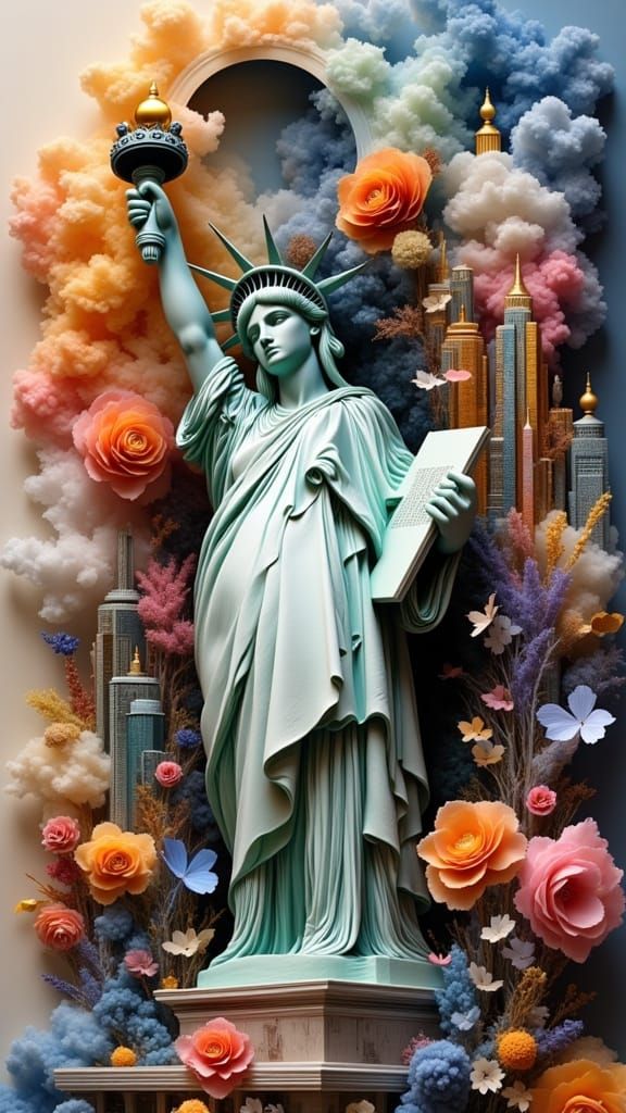 Art Deco Statue of Liberty with Whimsical Cityscape