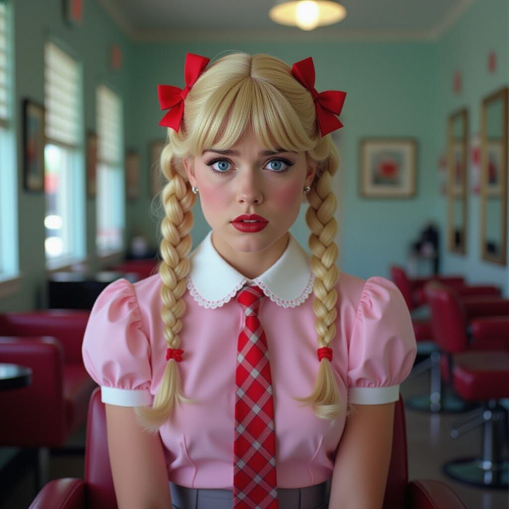 Terrified Man in Wig at Hair Salon: Cinematic Still