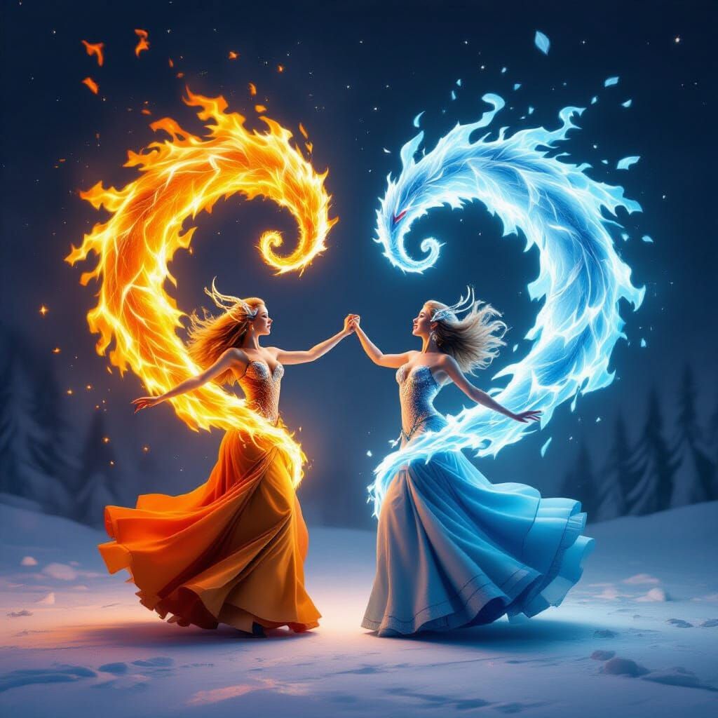 Dancing Mythical Creatures Form Fire and Ice Tornado