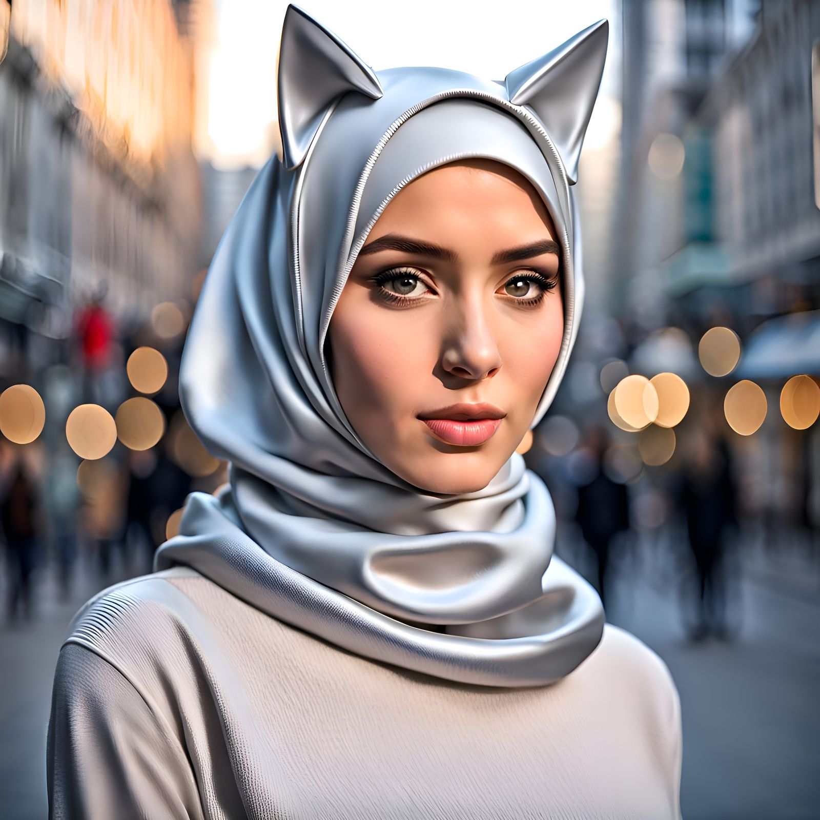Hijab Girl with Cat Ears in City Portrait