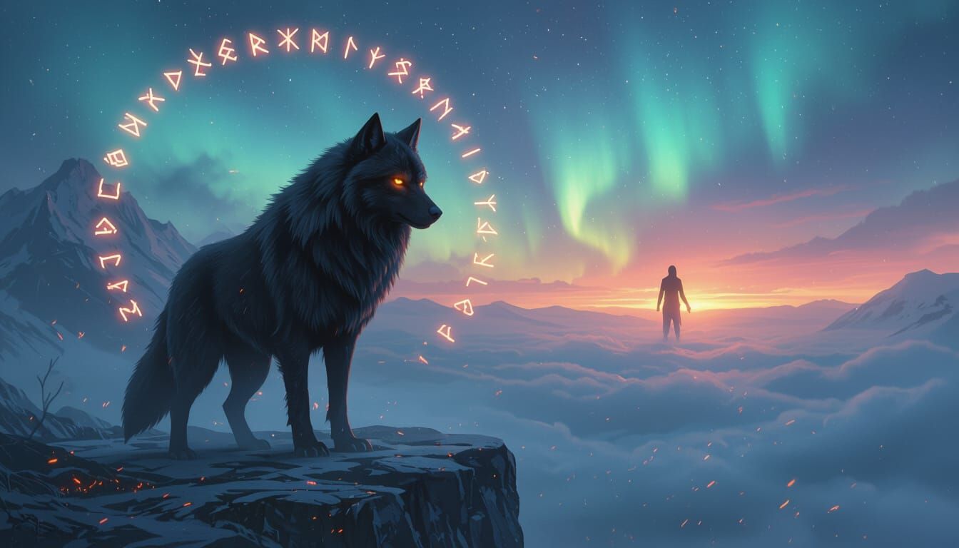 Lone Wolf Under Aurora Skies in Nordic Fantasy Art