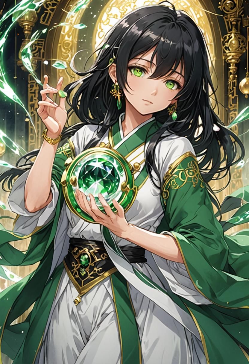 Mystical Anime Child Goddess in Emerald Robes Holds Crystal...